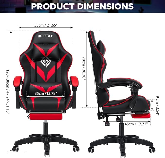 HOFFREE Massage Gaming Chair for Kids Computer Gamer Chair with Footrest and Lumbar Support Reclining PC Game Chair with Headrest for Gaming Room Red and Black