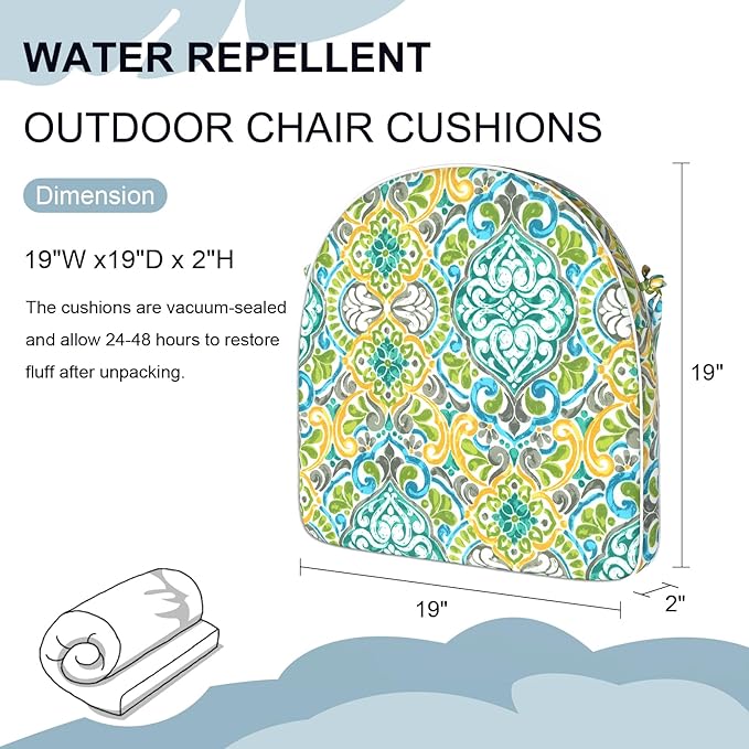 Set of 4 Outdoor Chair Cushions 19"x19"x2",Water Repellent Dining Seat Cushion with Ties and Removable Covers, Chair Cushions for Indoor and Patio Furniture, Damask Green