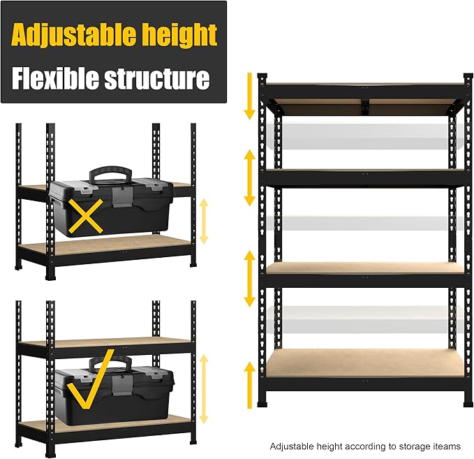PrimeZone 4 Tier 36" W x 16" D x 55" H Storage Shelves - 4 Pack Adjustable Garage Storage Shelving, Heavy Duty Metal Storage Utility Rack Shelf Unit for Warehouse Pantry Closet Kitchen, Black