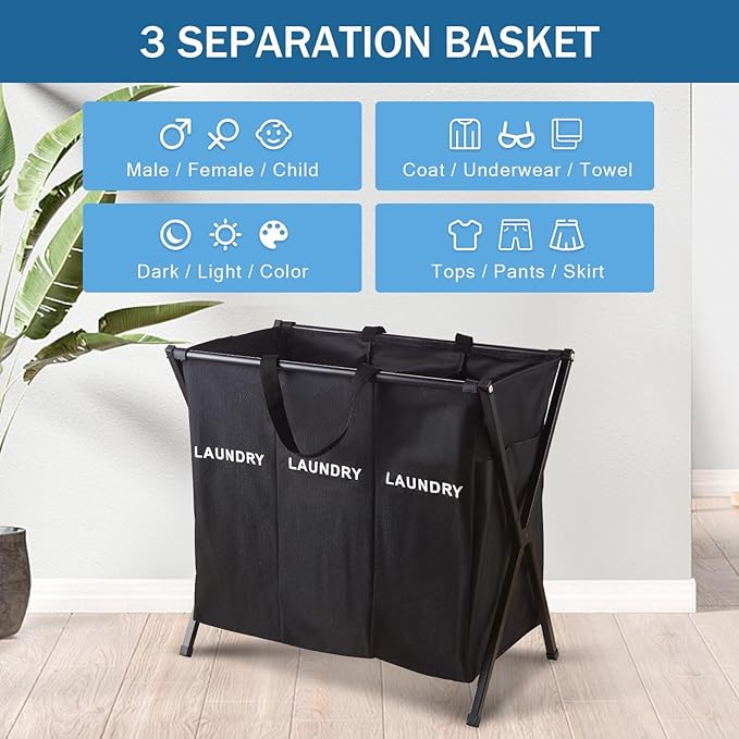 Laundry Basket Sorter 3 Section, Collapsible Laundry Hamper, 25" x 14.6" x 22.8" Dirty Clothes Basket for Bathroom Washroom Organization