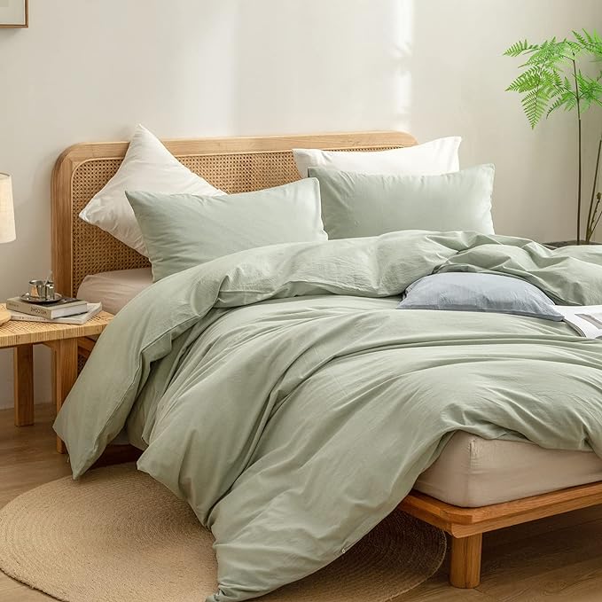 BESTOUCH Duvet Cover Set 100% Washed Cotton Linen Feel Super Soft Comfortable Chic Lightweight 3 PCs Home Bedding Set Solid Sage Green Oversized King