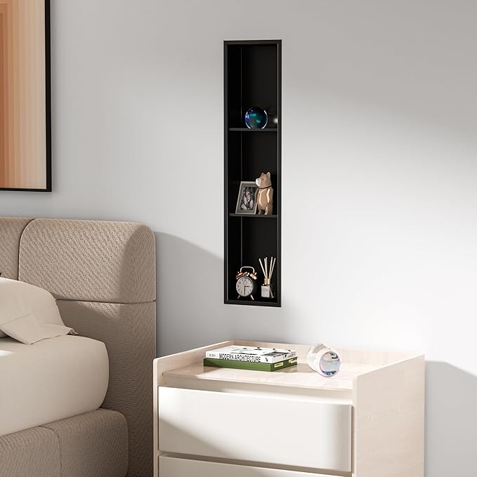 Stainless Steel Shower Niche 8" X 36", No Tile Needed Wall Niche Three-Tier, Recessed Shower Shelf for Bathroom Storage, Matte Black
