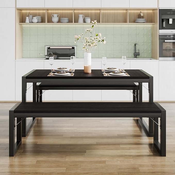 SHA CERLIN Kitchen Dining Table Set for 4 with Benches, Rustic Small Space Saving Dinette, Heavy Duty Metal Frame