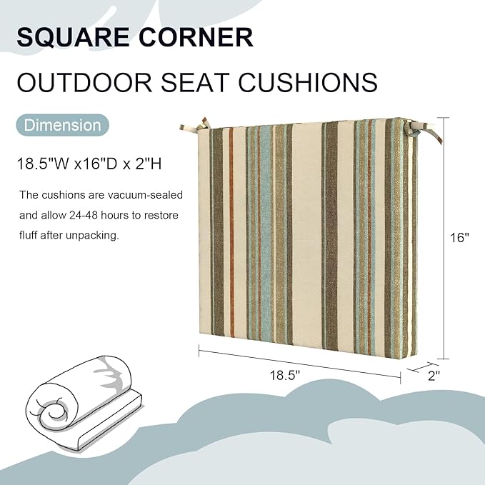 Set of 2 Outdoor Square Chair Cushions 18.5"x16"x2" for Patio, Water Resistant Patio Dining Seat Pads Replacement for Kitchen Garden and Outdoor Furniture Decoration - Stripe Onyx