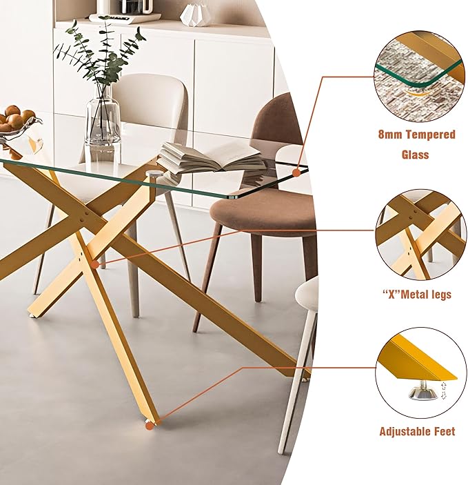 60.6'' Tempered Glass Dining Table for 4-6 People, Rectangle Kitchen Table with Gold X-Base Metal Legs, Adjustable Feet, Glass Top Desk for Home Office Gold Dining Room Table for 6