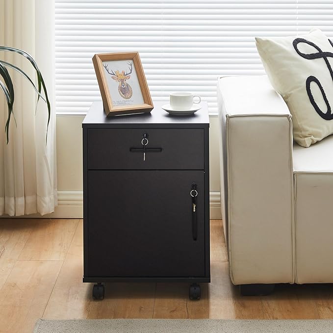 Mobile File Cabinet with Lockable Drawer & Door, Under Desk Storage Cabinet with 360°Swivel Wheels, Wooden Stationery Storage Cabinet for Legal/Letter/ A4 Documents (Black)
