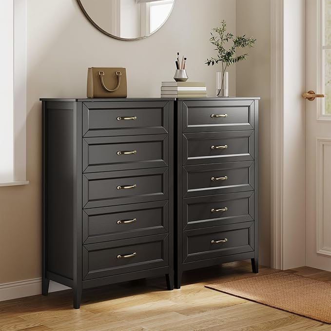 Gizoon 5 Drawer Dresser, 44.8" H Dresser for Bedroom, Wood Chest of Drawers, Storage Cabinet, Smooth Rail, Metal Handles, Anti-tip Device, for Living Room, Hallway, Black
