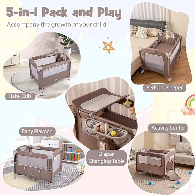 BABY JOY 5-in-1 Pack and Play, Portable Baby Bedside Sleeper with Bassinet, U-Shaped Diaper Changer, Safety Strap, Side Zipper Entrance, Bedside Crib Playard from Newborn to Toddlers (Coffee)