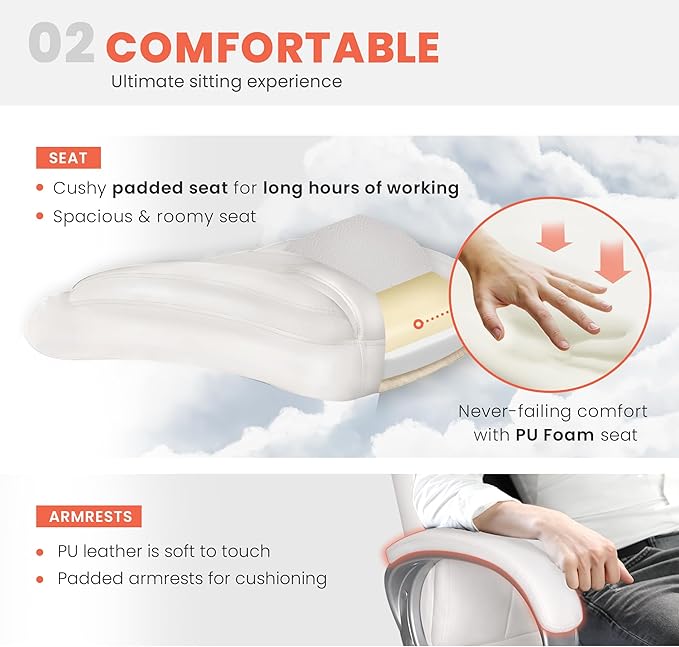 NEO CHAIR Office Desk Ergonomic Gaming Chair High Back Adjustable Computer Chair with Wheels and Lumbar Support Comfy Leather Executive Swivel (White)