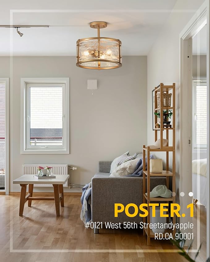 Gold Close to Ceiling Light - Semi Flush Mount Light Fixtures - 14inch Ceiling Light with Glass - E12 Brass Ceiling Light Fixture for Hallway Bedroom LivingRoom C2118-GD