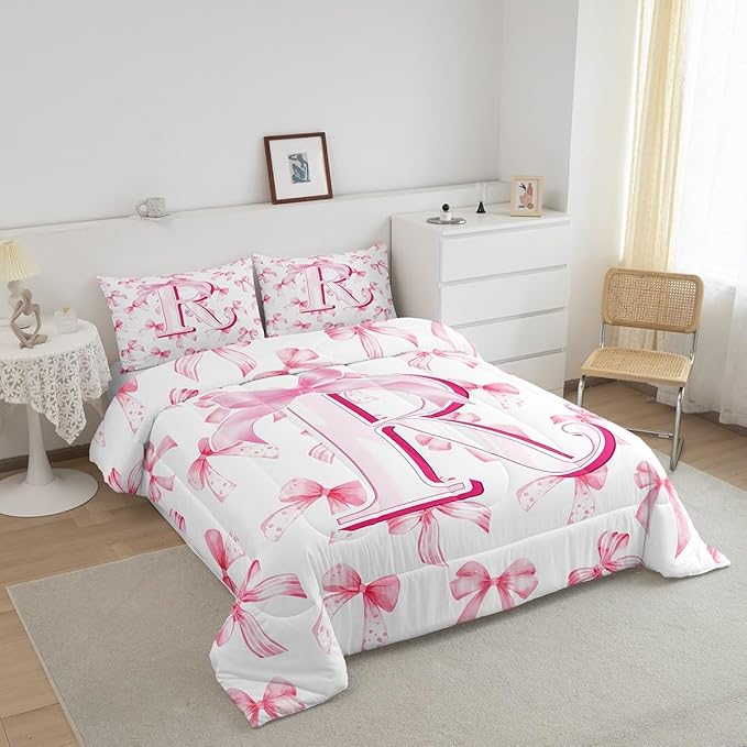 jejeloiu Kids Girls Cute Pink Bow Comforter Set King Size Monogrammed Bedding Set Ultra Soft Personalized Initial R Duvet Quilt Coquette Bow Knot Quilt Set Room Decor Modern Fashion Comforter