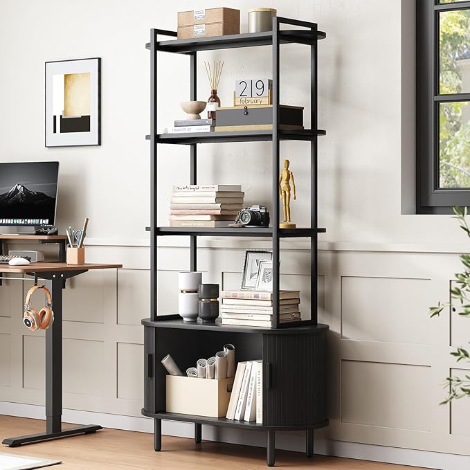 71" Tall Bookshelf, 4-Tier Book Shelf with Storage Cabinet, Modern Bookcase with Sliding Door and Adjustable Footpad, Freestanding Storage Organizer Bookshelf for Living Room, Bedroom, Black