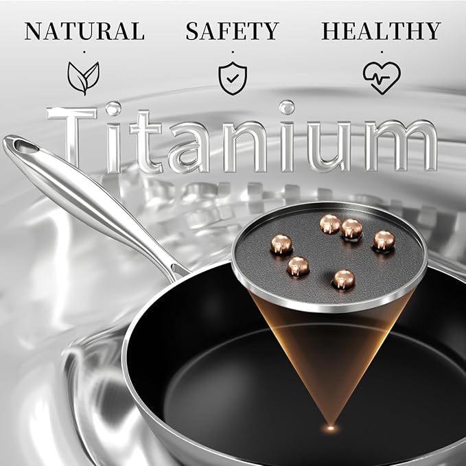 Stainless Steel Frying Pan with Lid 8.6 inch Titanium Ceramic Nonstick Frying Pan,Skillet with Stay-Cool Handle Non Toxic Healthy Ceramics Egg Pans,PFAS PFOA PTFE Free,Suitable for All Stove