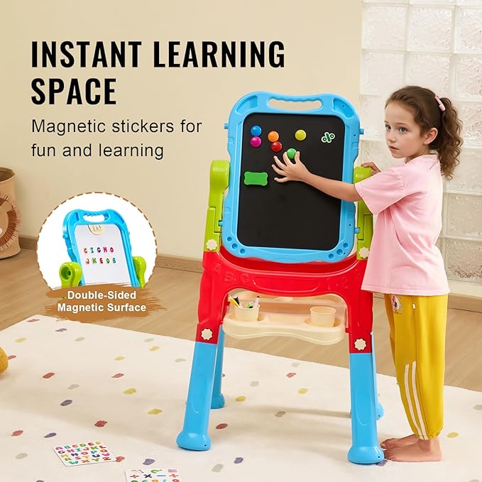 VEVOR Art Easel for Kids, 2-in-1 Double-Sided Kid's Art Easel with Magnetic Whiteboard & Chalkboard, Adjustable Standing Rotatable Removable Drawing Board with Painting Accessories for Boys and Girls