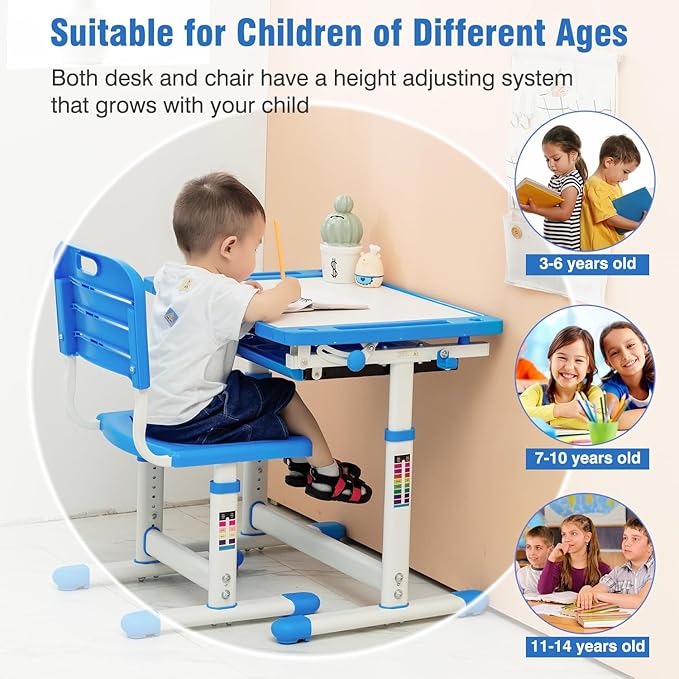 PayLessHere Kids Desk and Chair Set,Height Adjustable Study Desk for Kids with Pull Out Drawer Storage,Multi-Function Study Desk and Chair for Writing, Reading and Drawing,Blue