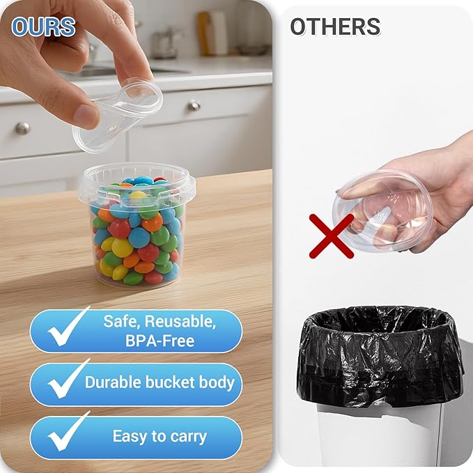 ASEVAT 5 oz 12 Pack Small Clear Plastic Bucket with Lid, Mini Snack Buckets, Reusable Ice Cream Tub, Food Storage Container, Food Grade Freezer and Microwave Safe for Sauce, Soup