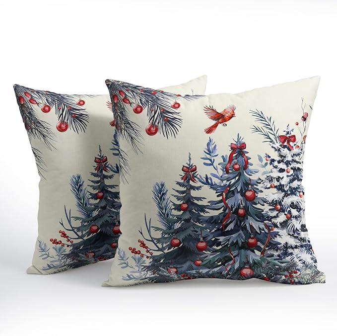 Kawani Christmas Pillow Covers 20x20 Inch Blue Christmas Trees Decorative Throw Pillow Covers Set of 2 Winter Xmas Holiday Pillowcases Cushion Covers for Couch Indoor Outdoor Home Decor