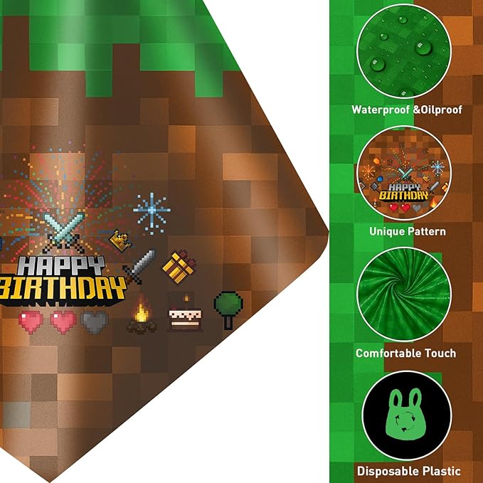8Pcs Pixel Miner Party Decorations Tablecloth, 54" x 108" Gamer Birthday Tablecloth Disposable Plastic Pixel Gaming Birthday Decorations Table Cover for Kids Gamer Party Supplies