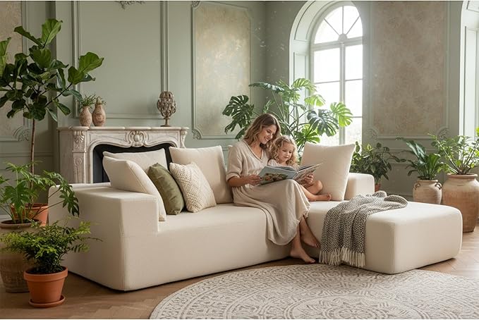 KEIKI L-Shape Cloud Sectional Sofa, 96” Modern Modular Boneless Couch with Left Chaise Lounge, Upholstered Couches for Living Room Bedroom, Beige