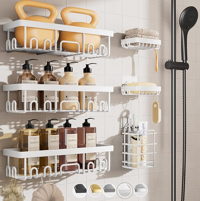 Veken 6-Pack Rustproof Waterproof Shower Caddy, Adhesive Shelves Rack with Soap Holder, Large Bathroom & Washroom Organizer, No Drilling Wall-Mounted Kitchen & Home Decor, Ideal for Bathtub Storage