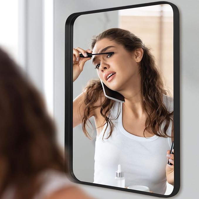 Wall Mirror 30" x 40" for Bathroom Black Metal Deep Frame Mirror for Wall Decorative Rectangular Round Corner Wall Mounted Vanity Mirror for Bedroom Living Room Entryway Wall Decor