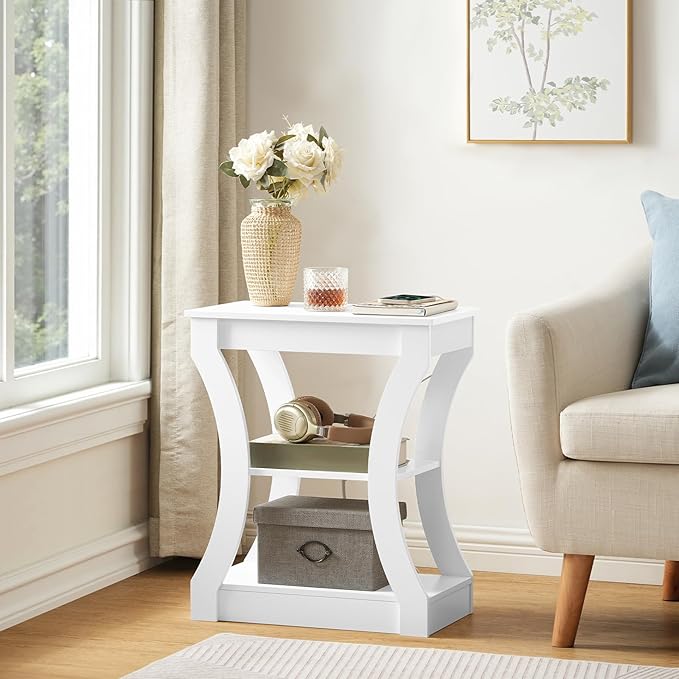 End Table with Charging Station, Side Table with USB Ports and Outlets, 3 Tier Nightstand with Storage Shelf for Small Spaces, Living Room, Bedroom, White ETWT53E01