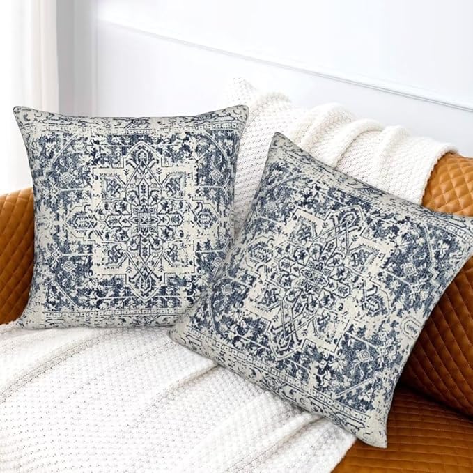 Boho Pillow Covers 16x16 Set of 2, White Navy Blue Carpet Pattern Outdoor Decorative Throw Pillows Ethnic Rustic Farmhouse Linen Cushion Cases for Couch Sofa Decor