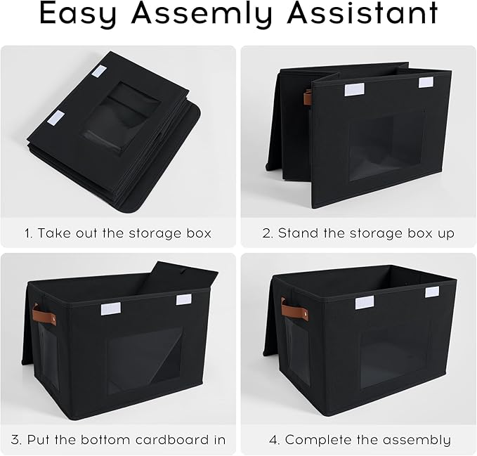 Storage Bins for Clothes, 40L Large Collapsible Stackable Closet Organizer Containers, Storage Boxes with Lids,Storage Cube Basket, Clear Windows & PU Leather Handles, Pack of 3, 17x12x12 Inch