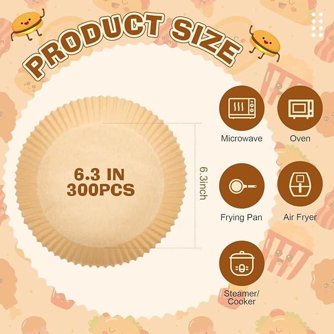 Honeydak 300 Pcs Air Fryer Disposable Paper Liner, Non-stick Air Fryer Liners, Round Parchment Paper for Cooking Baking Oil Proof Microwave Roasting Food Grade Easy Cleanup (6.3 Inch)