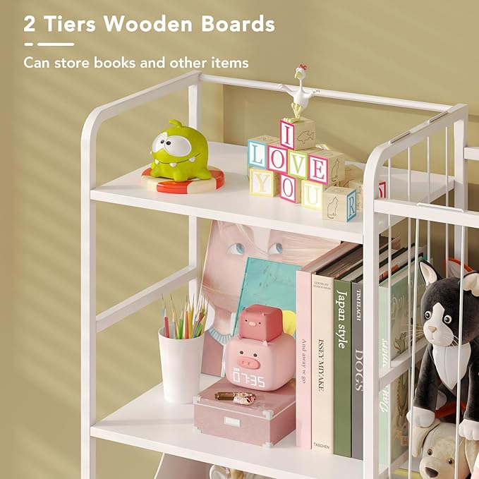 BBLIKE Stuffed Animal Storage - Stuffed Animal Net with Kids Bookshelf and Toy Organizer, 2-Tier White Bookshelf with Stuffed Animal Holder and Fabric Toy Chest for Kids Room, Playroom, Nursery, White