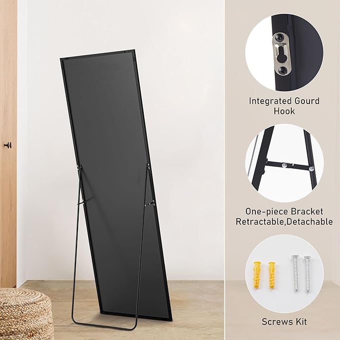 OLIXIS Full Length Mirror 64"x 21" for Bedroom, Full Body Mirror with Stand, Hanging or Leaning for Wall, Aluminum Alloy Thin Frame Floor Standing for Living Room, Long, Black