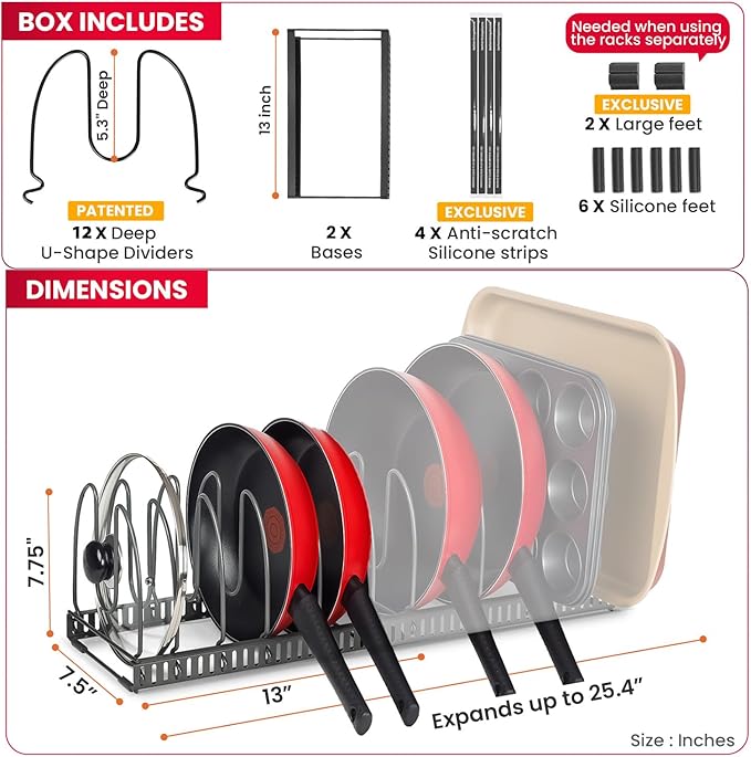 12+ Expandable Pan and Pot Lid Organizer Rack for Cabinet, Pot Lid Holder Pot Organizers Inside Cabinet, Pots and Pans Organizer Under Cabinet (Dark Grey, PAN & BAKEWARE)