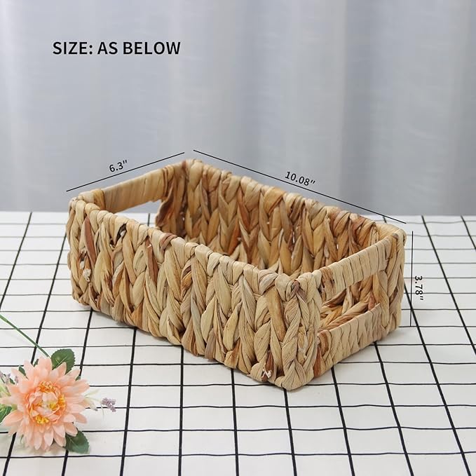 YAHUAN Woven Water Hyacinth Baskets for Organizing, Rectangular Wicker Baskets with Built-in Handles, Small Storage Baskets for Shelves, Kitchen, Make-Up,Toilet Tank Paper(Water Hyacinth 1-Pack)