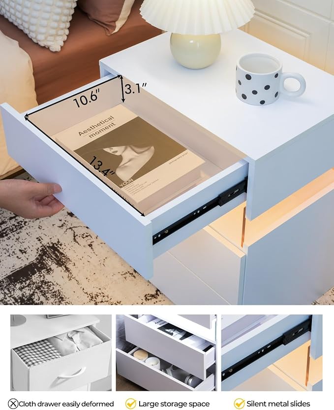 Bingoday White Nightstands Set of 2 LED Nightstand White with Gun Drawers Set of 2 Bedside Tables White LED Lights for Bedroom White