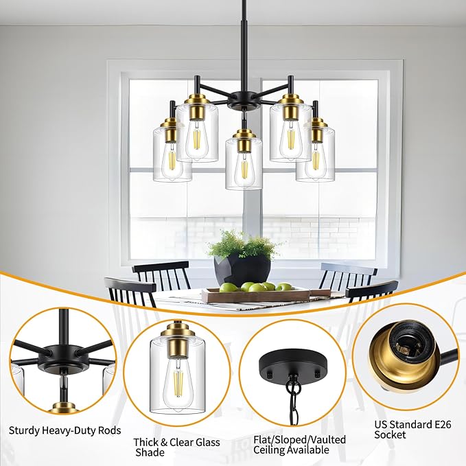 9MMML 5 Lights Glass Chandelier,Modern Kitchen Island Lighting Black and Gold Metal Dining Room Light Fixture for Living Room Foyer,E26