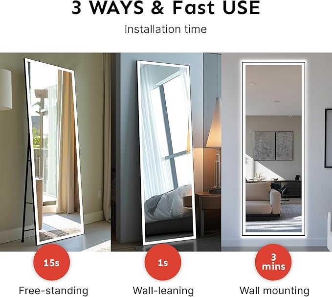 68x20 Full Length Mirror, Dimmable 3 Color LED Light w/Light Memory, Distortion Free Silver Coating Mirror, HD Reflection &Anti Desilvering,Tempered Glass &Shatter Proof Film Doubles Safety
