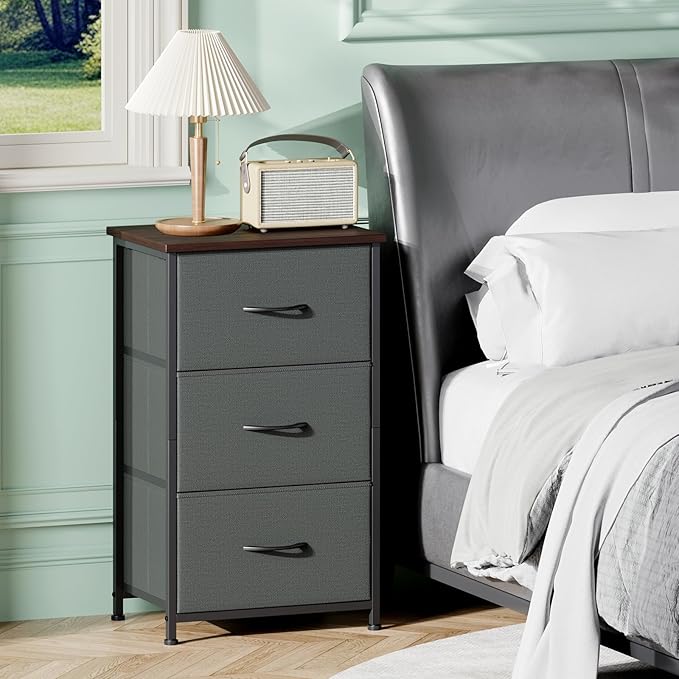 Somdot Small Dresser for Bedroom with 3 Drawers, Nightstand Storage Chest of Drawers with Removable Fabric Bins for Closet Bedside Living Room Laundry Entryway Hallway, Charcoal Grey