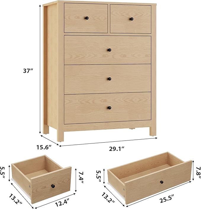GarveeHome Natural Oak 5 Drawer Dresser for Bedroom, Modern Tall Dresser Organizer with Storage Drawers, Wooden Chests of Drawers for Bedroom, Entryway, Hallway, Home Office