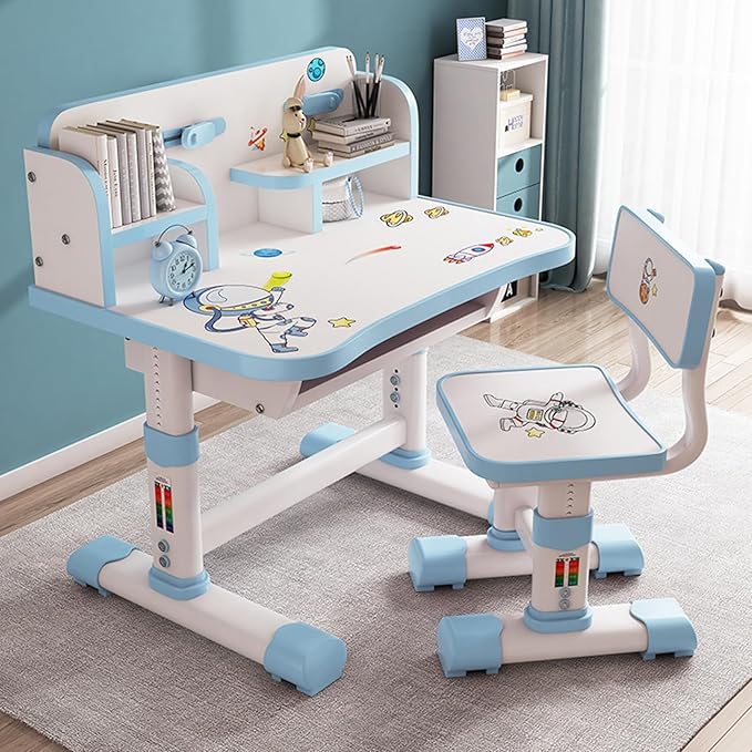 Kids Functional Desk and Chair Set, Height Adjustable Children School Study Table Chair Set with Cartoon Pattern, Ergonomic Desk Chair with Large Writing Board, Bookshelf and Book Bucket Blue