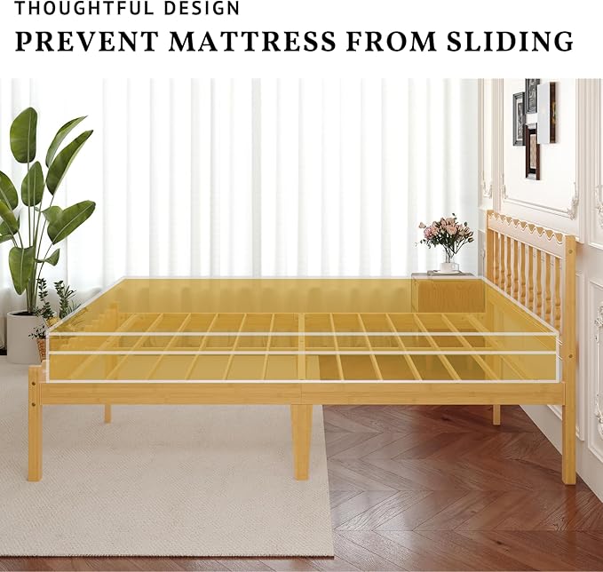 Bamboo Full Bed Frame with Headboard, 14 inch Solid Wood Platform Bed Frames Full Size with Metal Slats, No Box Spring Needed, Easy Assembly, Noise Free