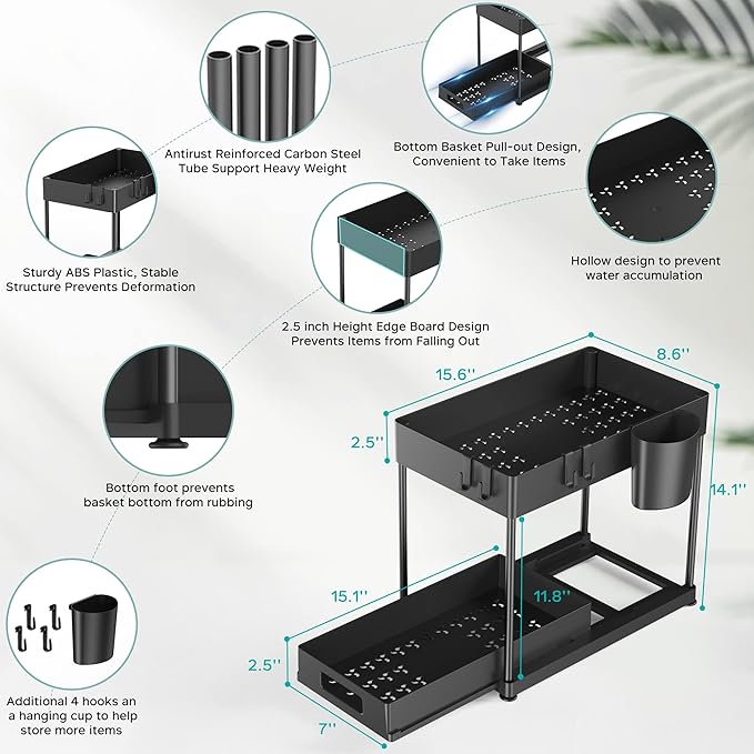 Under Sink Organizers and Storage, 2 Pack Large Capacity Heavy Load Pull-out Under Sink Shelves with Sliding Drawer for Kitchen and Bathroom, Black, 12 x 8.7 x 15.7 inch