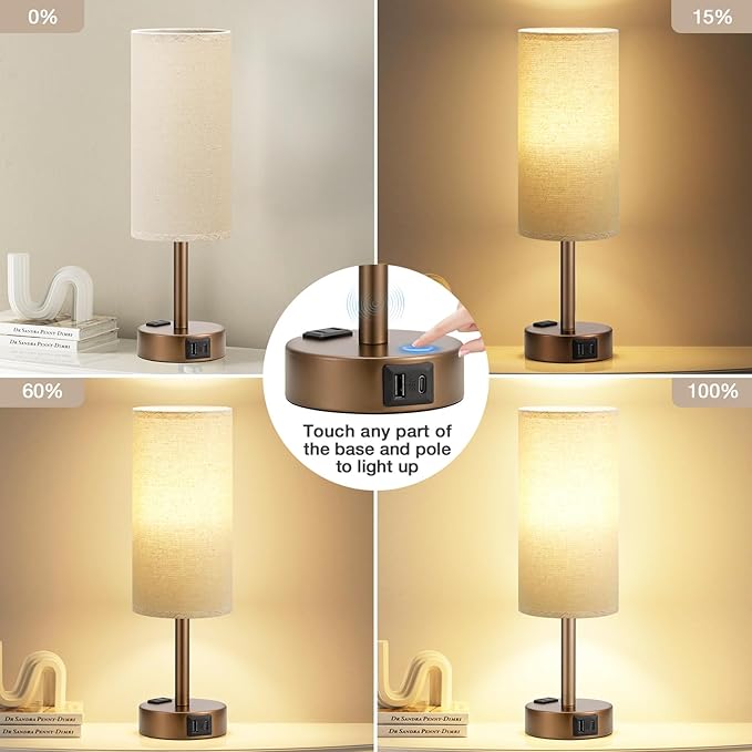 Brown Bedside Table Lamp for Bedroom - 3 Way Dimmable Touch Lamp USB C Charging Ports and AC Outlet, Small Lamp Round Flaxen Fabric Shade for Living Room, Desk, LED Bulb Included