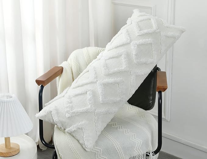 Diamond Pattern Extra Long Pillow Covers 16 x 36,Plush Chenille Decorative Long Lumbar Pillow Covers Pillow Case Cushion Case for Sofa Couch Bed Livingroom Farmhouse,Modern Boho,Cream White