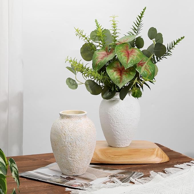 Rustic Ceramic Vase for Home Decor – 6.7" Small Decorative Beige Vases for Dried Flowers, Pampas Grass, Faux Plants – Modern Farmhouse Boho Table Centerpiece