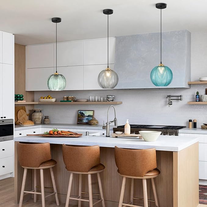 KCO Lighting Mid Century Modern Blue Glass Pendant Light Large Globe Kitchen Island Dining Pendant Lights Black Round Ceiling Hanging Lighting Fixture Adjustable Cord Farmhouse Foyer Chandelier