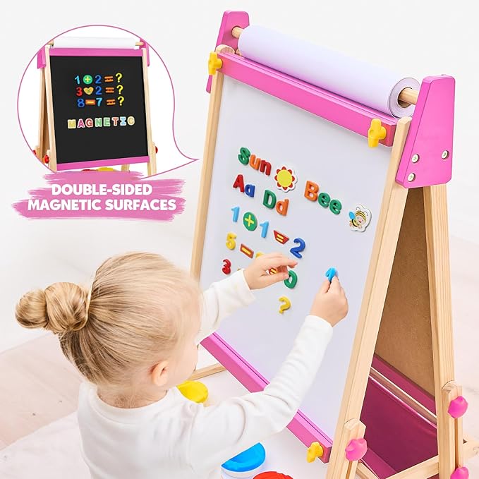Art Easel for Toddlers Kids, Adjustable Standing Art Easel with Magnetic Chalkboard & Whiteboard, Dry-Erase Board, Paper Roll, Drawing & Painting Easel for Kids Ages 3 4-8 9-12, Pink w/Bag