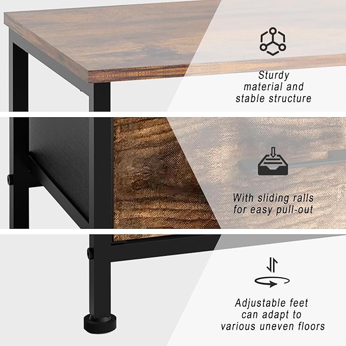 Side Table with Fabric Drawers,2-Tier Nightstand,End Table with Open Shelf for Bedroom, Living Room, Kitchen, Entryway, Rustic Brown
