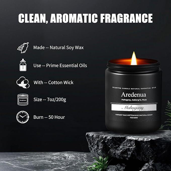 Mahogany Candle, Manly Scented Candles for Home, Masculine Candle Gifts for Men - 7oz Soy Candles for Home Scented, 50 Hours Burn Time, Perfect for Relaxing Home Fragrance