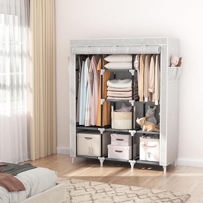 VTRIN Portable Closet Wardrobe for Hanging Clothes with 2 Hanging Rods and 8 Storage Organizer Shelves,Free Standing Clothes Rack with Cover Sturdy Large Wardrobe Closet for Bedroom,Printing