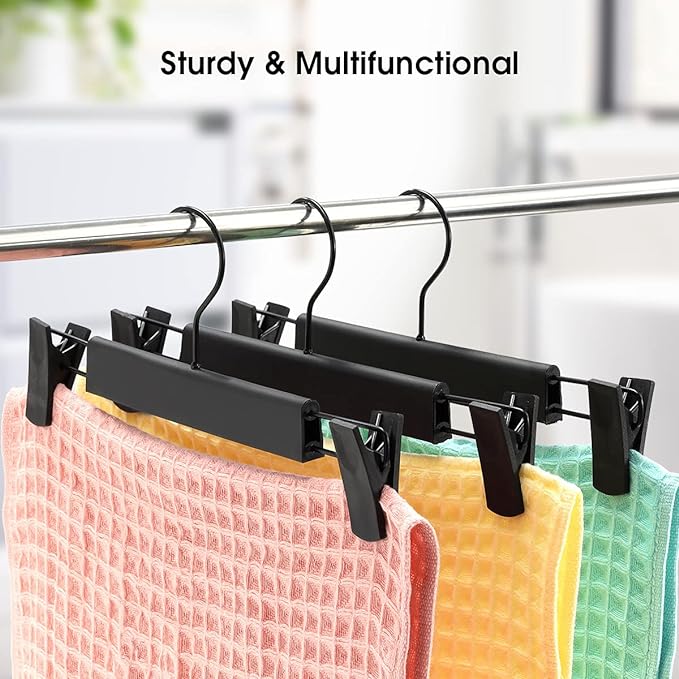 10 Pack Clothes Pants Hangers, Space-Saving Skirt Holders with 360 ° Swivel Hooks, Adjustable Clips, Trouser Coat Garment Jeans Black